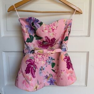 Zara Floral Sweetheart Corset Top Belted Bardot Pink NWT XS